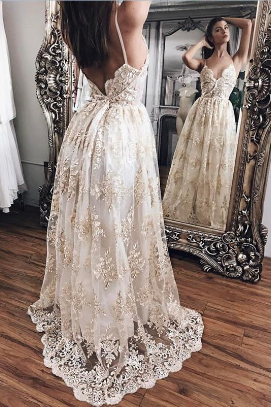 Spaghetti Straps Backless Lace Beach Wedding Dresses - Prom Dresses