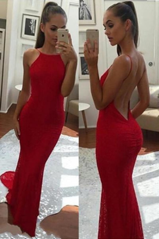 Spaghetti Straps Backless Red Prom Long Mermaid Evening Formal Dress - Prom Dresses