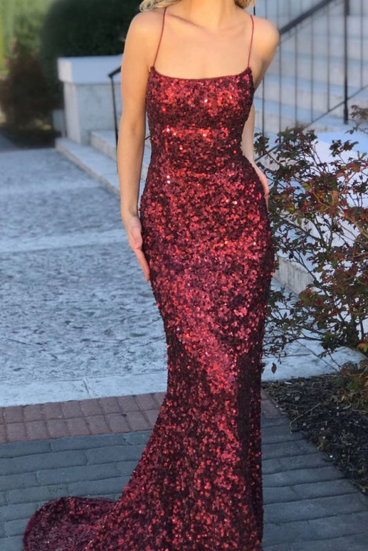 Spaghetti Straps Burgundy Mermaid Backless Long Sparkly Sequins Prom Dresses - Prom Dresses