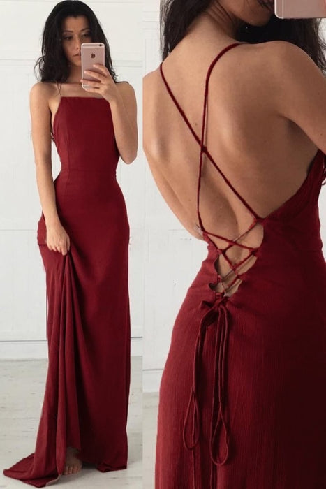 Spaghetti Straps Burgundy Sleeveless Formal Gown Cheap Long Evening Dresses - Prom Dresses