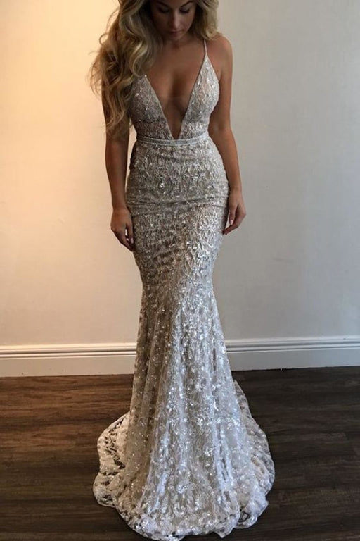 Spaghetti Straps Deep V-neck Sleeveless Mermaid Long Prom Dress - Prom Dresses