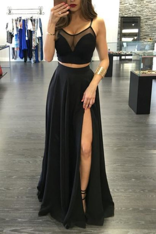 Spaghetti Straps Dresses Black Prom Dress Two Pieces Floor Length Party Gown - Prom Dresses