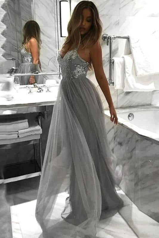 Spaghetti Straps Grey A Line Tulle Long Dress Floor Length Appliques Prom Gown - Prom Dresses