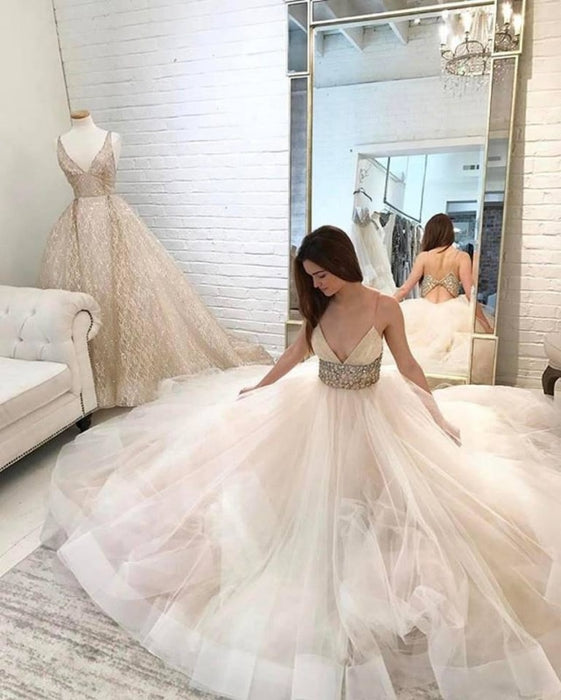 Spaghetti Straps Ivory Beaded Dress Ball V-neck Gown Tulle Wedding Dresss - Wedding Dresses