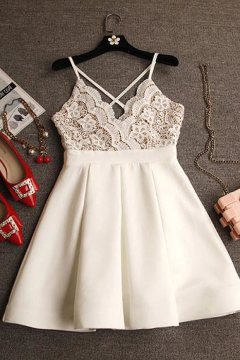 Spaghetti Straps Ivory V-neck Lace Top Satin Homecoming Dresses Mini Cheap Prom Dress - Prom Dresses