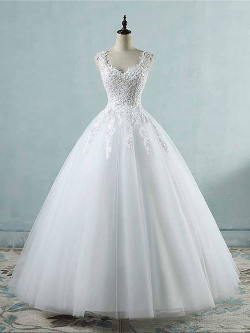 Spaghetti Straps Lace-Up Ball Gown Wedding Dresses - Pure White / Floor Length - wedding dresses