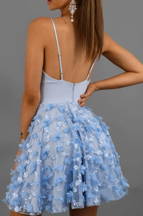 Spaghetti Straps Light Blue Lace Homecoming Dress Sexy Short Prom Dresses - Prom Dresses