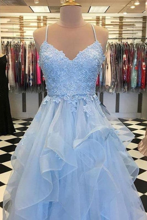 Spaghetti Straps Long Ruffles Lace Applique Evening Tulle Prom Dress For Teens - Prom Dresses
