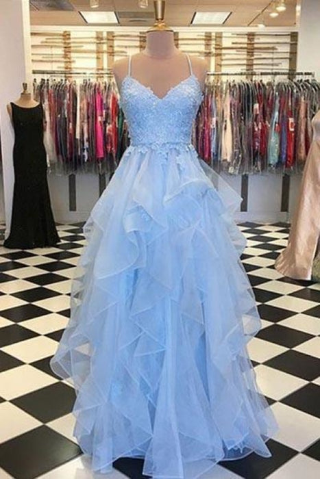 Spaghetti Straps Long Ruffles Lace Applique Evening Tulle Prom Dress For Teens - Prom Dresses