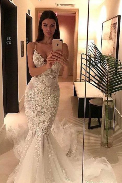 Spaghetti Straps Mermaid Appliqued V-neck Tulle Wedding Dress - Wedding Dresses