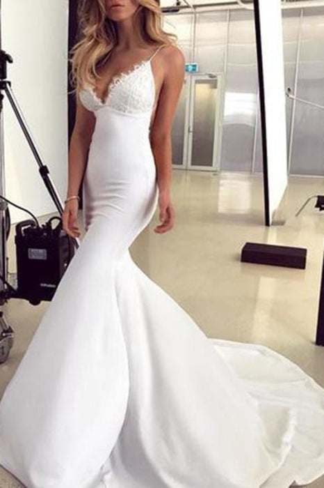 Spaghetti Straps Mermaid Lace Appliques Sexy Backless Wedding Dress - Wedding Dresses
