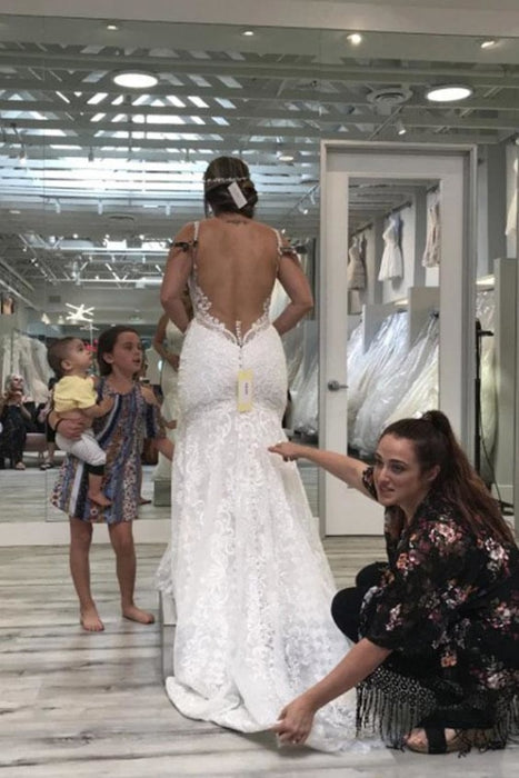Spaghetti Straps Mermaid V Neck Backless Lace Wedding Dress - Wedding Dresses
