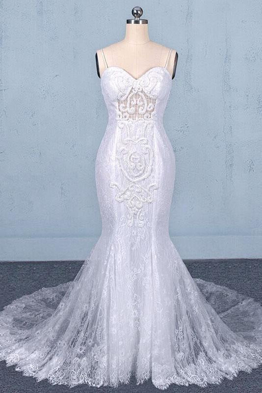 Spaghetti Straps Mermaid with Appliques Lace Beach Wedding Dress - Wedding Dresses
