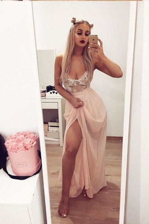 Spaghetti Straps Pink Chiffon Long Prom with Lace Split Party Dresses - Prom Dresses