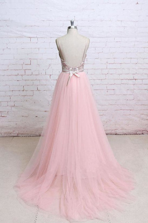 Spaghetti Straps Pink Lace Flora Tulle Sweetheart Backless Wedding Prom Dress - Prom Dresses