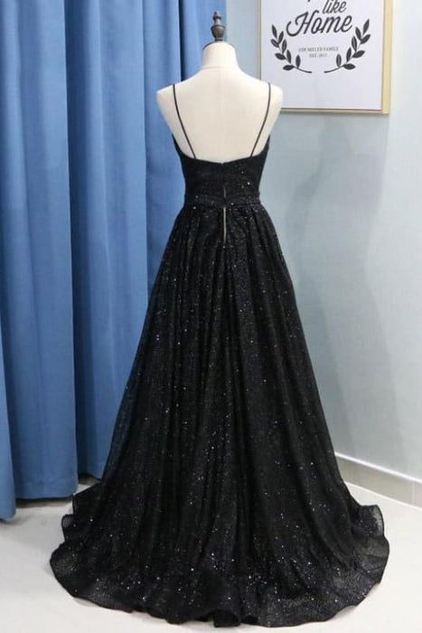 Spaghetti Straps Sequin Prom With Split Black Long Evening Dress - Prom Dresses