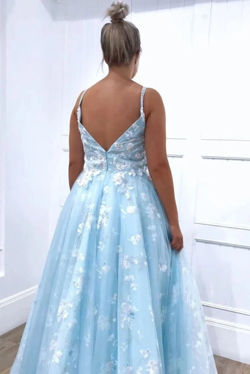 Spaghetti Straps Sleeveless Floor Length Dress Sky Blue Appliques Lace Prom Dresses - Prom Dresses