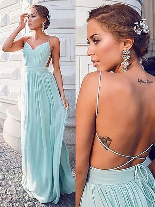 Spaghetti Straps Sleeveless Floor-Length With Ruched Chiffon Dresses - Prom Dresses