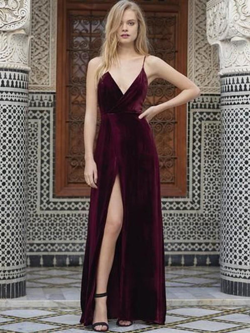 Spaghetti Straps Sleeveless Floor-Length With Ruffles Velvet Dresses - Prom Dresses