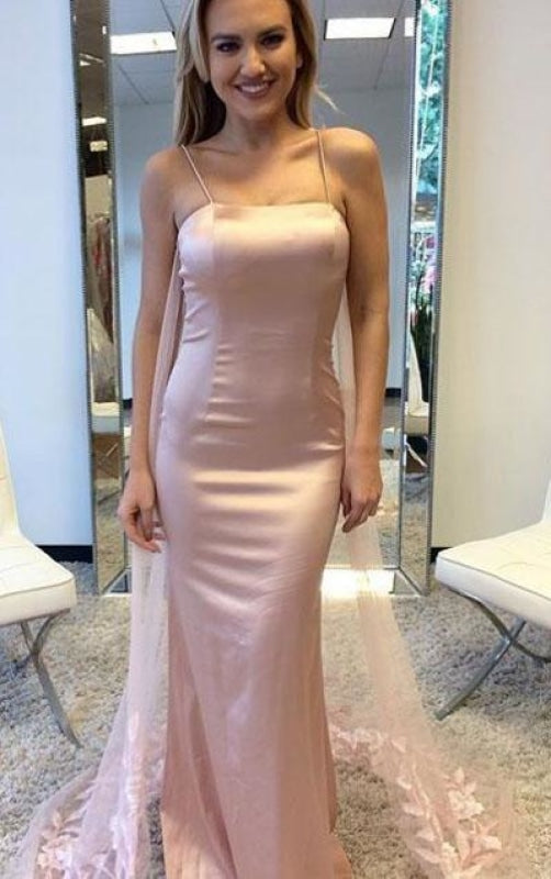 Spaghetti Straps Splendid Pink Sleeveless Applique Mermaid Long Prom Dresses - Prom Dresses