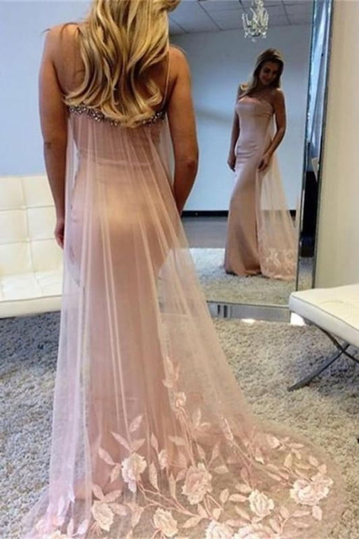 Spaghetti Straps Splendid Pink Sleeveless Applique Mermaid Long Prom Dresses - Prom Dresses