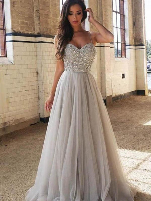 Spaghetti Straps Sweep/Brush Train Tulle With Beading Dresses - Prom Dresses
