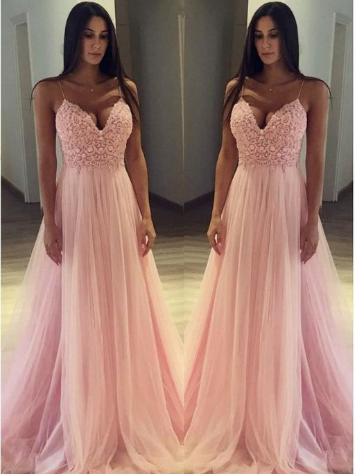 Spaghetti Straps Sweep/Brush Train With Applique Tulle Dresses - Prom Dresses