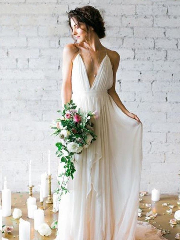 Spaghetti Straps V-neck A-line Sexy Backless Floor Length Wedding Dresses - wedding dresses