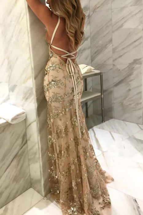 Spaghetti Straps V-neck Mermaid Sparkly Tulle Evening Dress Long Prom Gowns - Prom Dresses