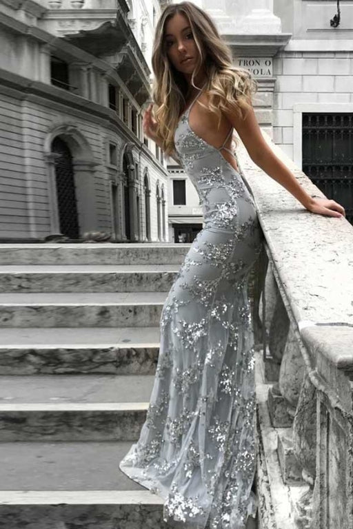 Spaghetti Straps V-neck Mermaid Sparkly Tulle Evening Dress Long Prom Gowns - Prom Dresses