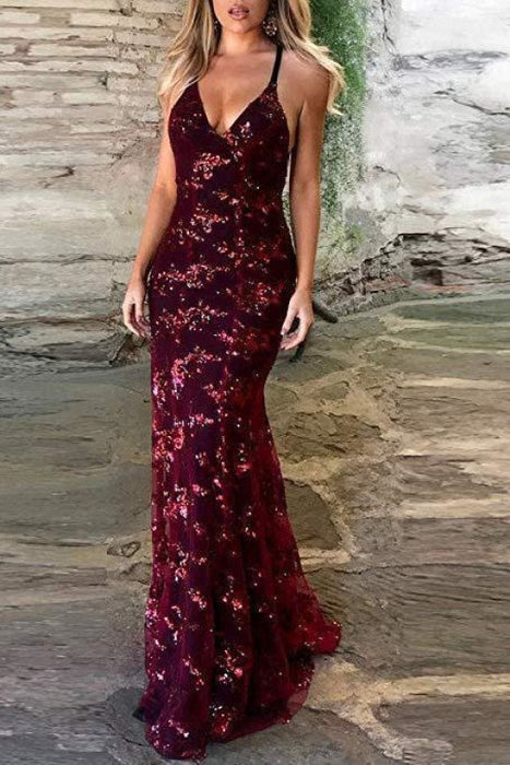 Spaghetti Straps V-neck Mermaid Sparkly Tulle Evening Dress Long Prom Gowns - Prom Dresses