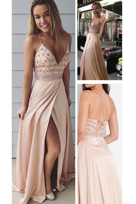 Spaghetti Straps V Neck Slit with Beading Beaded Prom Gown Party Dress - Prom Dresses