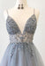 Spaghetti Straps V Neck Tulle Prom Appliques A Line Long Formal Dress with Beads - Prom Dresses