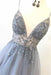 Spaghetti Straps V Neck Tulle Prom Appliques A Line Long Formal Dress with Beads - Prom Dresses