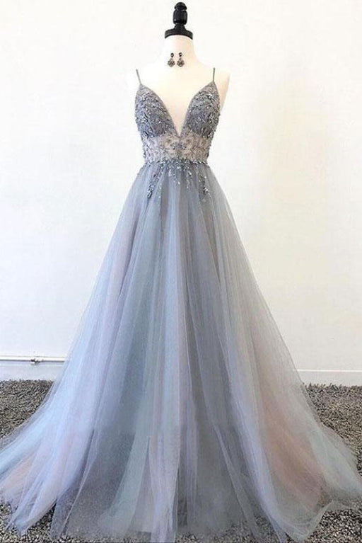 Spaghetti Straps V Neck Tulle Prom Appliques A Line Long Formal Dress with Beads - Prom Dresses