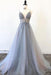 Spaghetti Straps V Neck Tulle Prom Appliques A Line Long Formal Dress with Beads - Prom Dresses