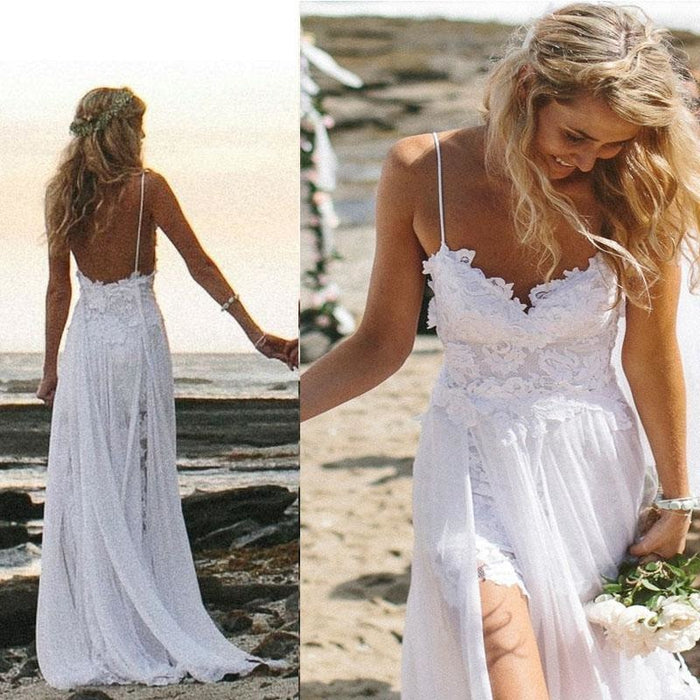 Spaghetti Straps Lace White Boho Beach Wedding Dress - Bridelily
