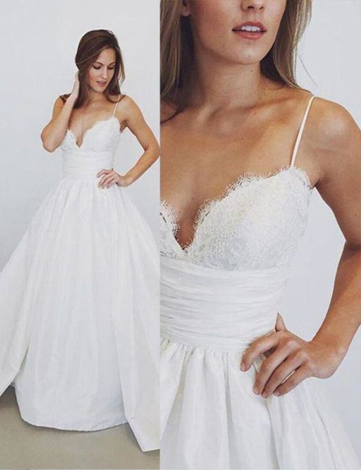 Spaghetti Straps White V Neck Sleeveless Satin Beach Wedding Dress - Wedding Dresses