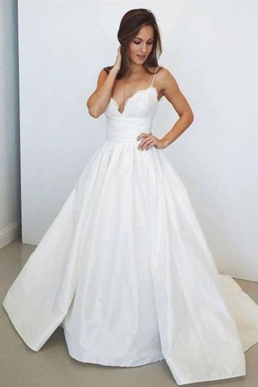 Spaghetti Straps White V Neck Sleeveless Satin Beach Wedding Dress - Wedding Dresses