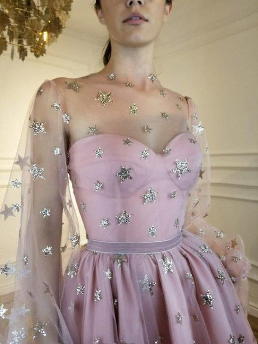 Sparkle Long Sleeve Short Prom Dresses - Bridelily Sparkle Long Sleeve Short Prom Dresses - Bridelily