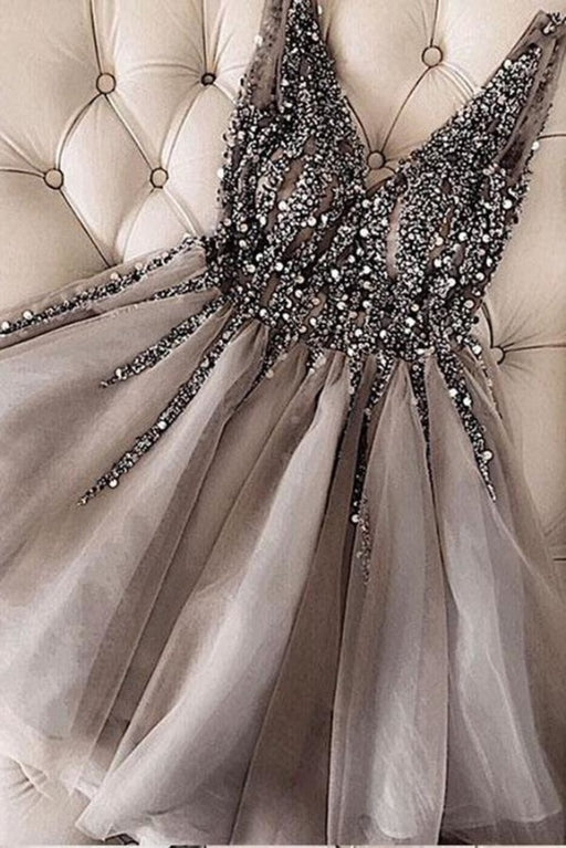 Sparkle Sequined Homecoming Dress A Line V Neck Tulle Short Prom Dresses - Prom Dresses