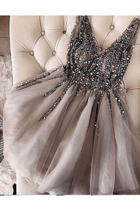 Sparkle Sequined Homecoming Dress A Line V Neck Tulle Short Prom Dresses - Prom Dresses