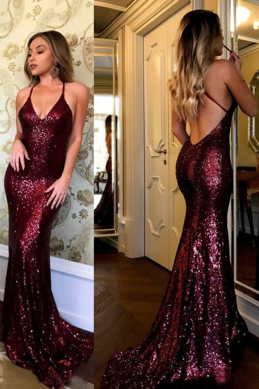 Sparkling Burgundy Sequins Mermaid V-neck Sweep Train Party Dress Prom Gown - Prom Dresses