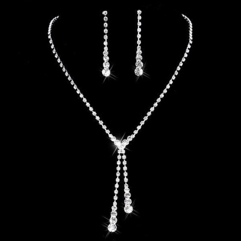 Sparkling Rhinestone Long Necklace Earrings Jewelry Sets | Bridelily - jewelry sets