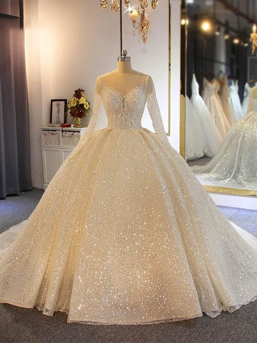 Sparkling Shinny Lone Sleeves Lace- Up Ball Gown Wedding Dresses - Champagne / Long train - wedding dresses