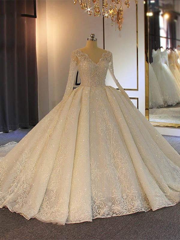 Sparkling V-Neck Long Sleeves Lace -Up Ball Gown Wedding Dresses - picture color / Long train - wedding dresses