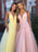 y A Line V Neck and V Back Yellow/Pink/Light Blue Long Prom Dresses, Yellow/Pink/Light Blue Formal Dresses, Evening Dresses