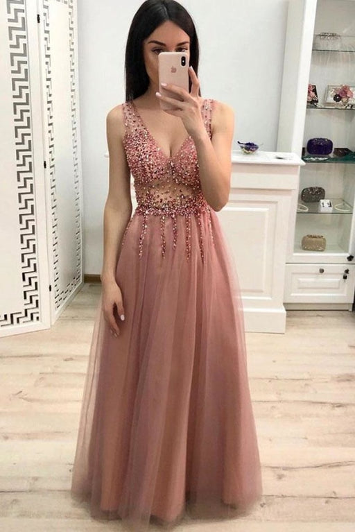 Sparkly A Line V Neck Floor Length Prom with Beading and Sequins Long Party Dress - Prom Dresses