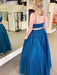 y A Line V Neck Two Pieces Lace Appliques Blue Prom Dresses, Two Pieces Lace Blue Formal Dresses, Blue Lace Evening Dresses