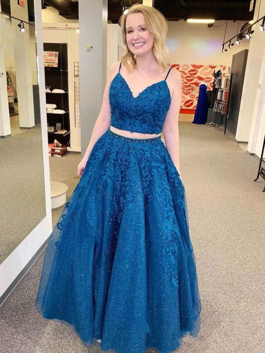 y A Line V Neck Two Pieces Lace Appliques Blue Prom Dresses, Two Pieces Lace Blue Formal Dresses, Blue Lace Evening Dresses